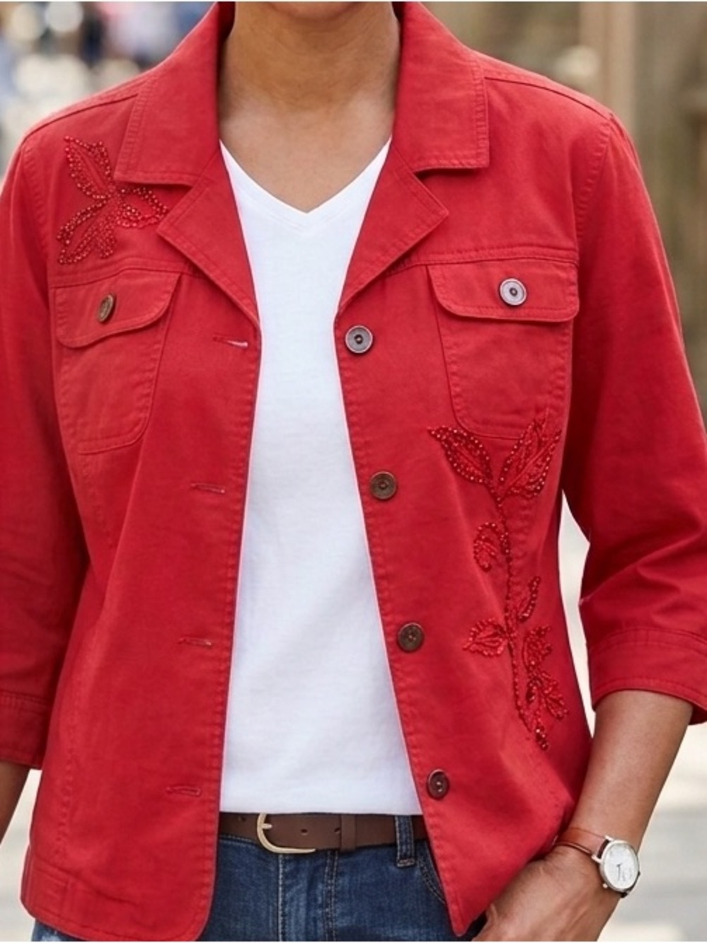 TanJay Red Embellished Cotton Jean Jacket